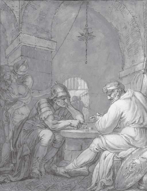 Pierre Lelu - Soldats jouant aux dés dans un intérieur, un soldat enlaçant une jeune fille au le fond