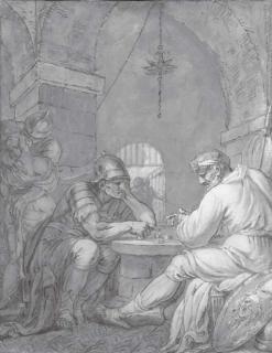 Pierre Lelu - Soldats jouant aux dés dans un intérieur, un soldat enlaçant une jeune fille au le fond