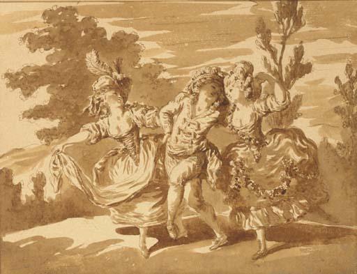 Pierre Lélu - Two women dancing with a comedian in a landscape