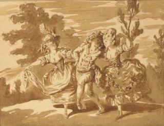 Pierre Lélu - Two women dancing with a comedian in a landscape