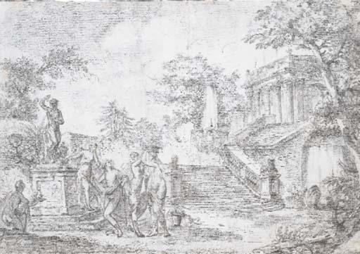 Pierre Lelu - Un parc avec des nymphes faisant une offrande à une statue d\'un faune, un escalier menant à une fontaine et un temple romain à droite