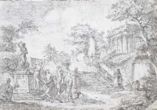 Pierre Lelu - Un parc avec des nymphes faisant une offrande à une statue d\'un faune, un escalier menant à une fontaine et un temple romain à droite