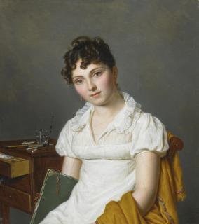 Pierre Louis Bouvier - Portrait Of A Lady, Half Length,  Holding An Artist\'S Portfolio, Seated At A Table With A Chest Of Drawing Paraphernalia 