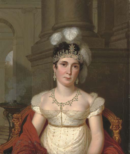 Pierre Louis Bouvier - Portrait of the Empress Josephine, half-length, seated in a low-cut gold-figured white satin dress wearing a diamond and turquoise parure and a red shawl in a palatial interior