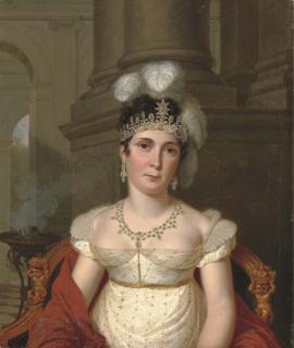 Pierre Louis Bouvier - Portrait of the Empress Josephine, half-length, seated in a low-cut gold-figured white satin dress wearing a diamond and turquoise parure and a red shawl in a palatial interior
