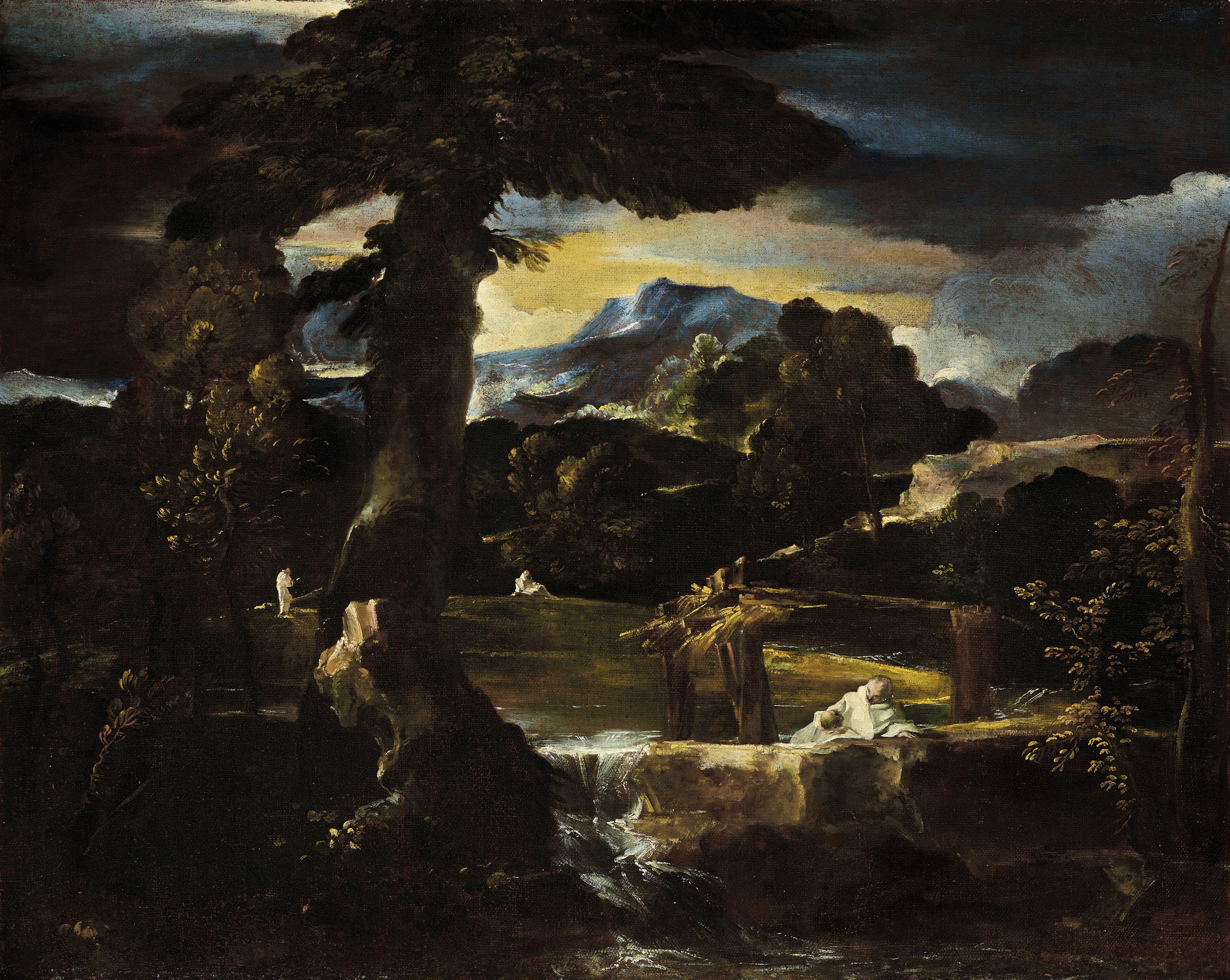 Pierre Louis Cretey - A landscape with Carthusian monks