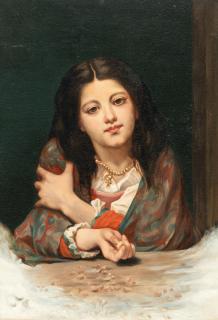 Pierre Louis Joseph de Coninck - Bildnis eines Mädchens am Fenster, Krumen verfütternd