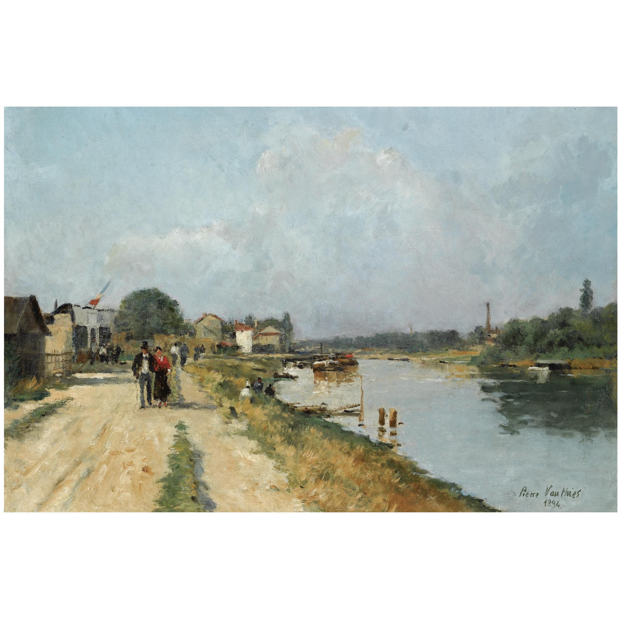 Pierre-Louis Léger Vauthier - French Figures Along A Canal Near Paris