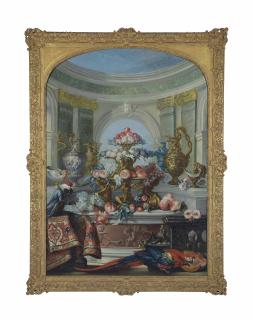 Pierre-Nicolas Huilliot - Fruit In A Gilt Tazza With Ewers On Marble Ledges And A Monkey Smoking A Pipe On A Draped Ledge, With A Macaw