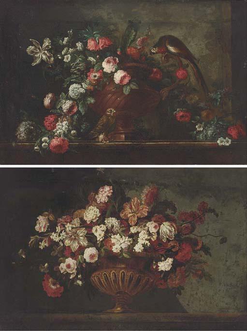 Pierre-Nicolas Huilliot - Mixed flowers in an urn with a parrot and a hawk on a ledge; and Mixed flowers in an urn on a ledge
