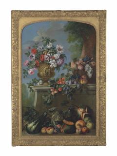 Pierre-Nicolas Huilliot - Roses, peonies and other flowers in an urn, grapes and peaches in a basket on a ledge, with further overflowing fruit