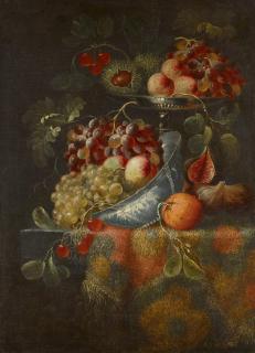 Pierre-Nicolas Huilliot - Still Life With Fruit On A Tazza And A Porcelain Bowl, All On A Carpet-Covered Table