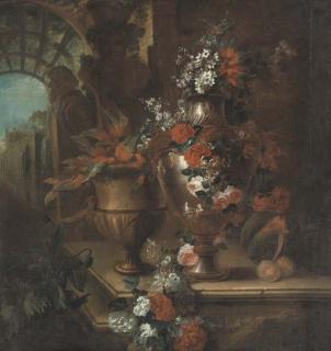 Pierre-Nicolas Huillot - Roses, poppies, honeysuckle, hollyhocks, morning glory, peonies, narcissi and other flowers in a vase, with foliage in an urn and a melon and peaches on a stone ledge, a garden beyond
