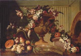 Pierre-Nicolas Huillot - Roses, tulips, peonies, mallows and other flowers in a sculpted urn, with grapes, peaches, plums, a melon, a pear and a silver gilt salver on a marble ledge