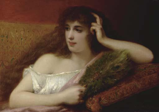 Pierre Olivier Joseph Coomans - A Lady Holding a Peacock-Feather Fan