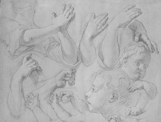 Pierre Parrocel - Deux têtes d\'enfants avec des études de bras