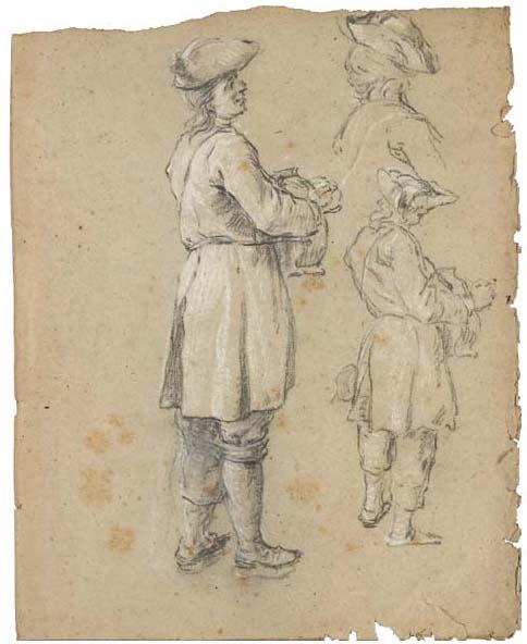Pierre Parrocel - Un Homme De Profil À Droite Portant Un Tricorne Et Tenant Un Objet, Avec Deux Études Subsidiaires