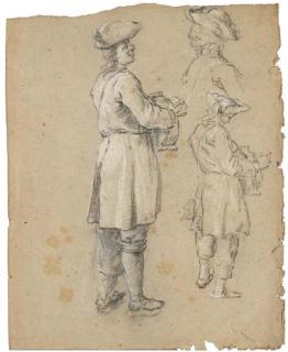 Pierre Parrocel - Un Homme De Profil À Droite Portant Un Tricorne Et Tenant Un Objet, Avec Deux Études Subsidiaires