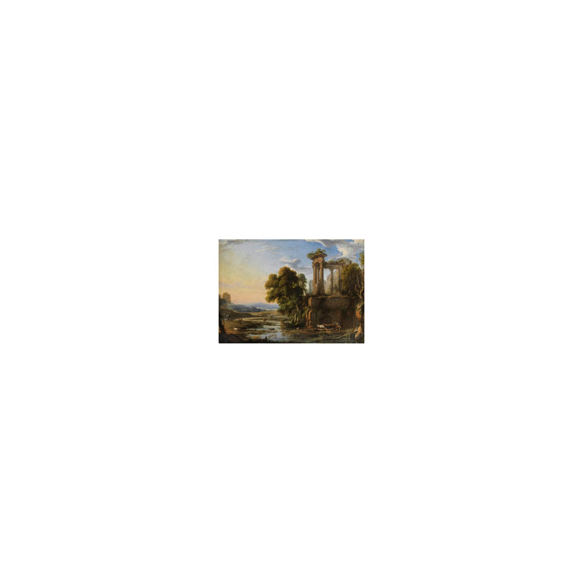 Pierre Patel L\'Ancien - Paysage Au Crépuscule Avec Des Bergers Près D\'Un Temple De Vesta
