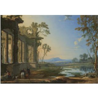 Pierre Patel the Elder - A Landscape At Evening With Travellers And A Hunter Near Classical Ruins