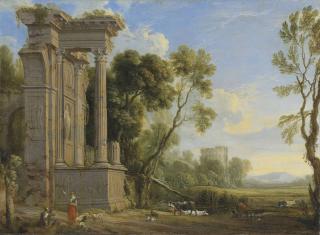 Pierre Patel - An Italianate River Landscape With Figures Resting By Ruins With Their Herd