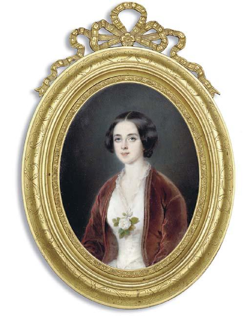 Pierre Paul Emmanuel de Pommayrac - A Young Lady In Lace-Bordered White Dress With White Rose And Foliage At Corsage, Russet-Red Velvet Coat, Centre-Parted Dark Hair