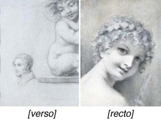 Pierre-Paul Prud\'Hon - An allegory of love: a putto, bust-length, holding an arrow (recto); A seated putto and a self-portrait (verso)