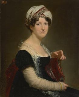 Pierre Paul Prud\'Hon - Portrait of Madame Péan de Saint-Gilles, half-length, seated, in a black gown with a draped red Indian shawl