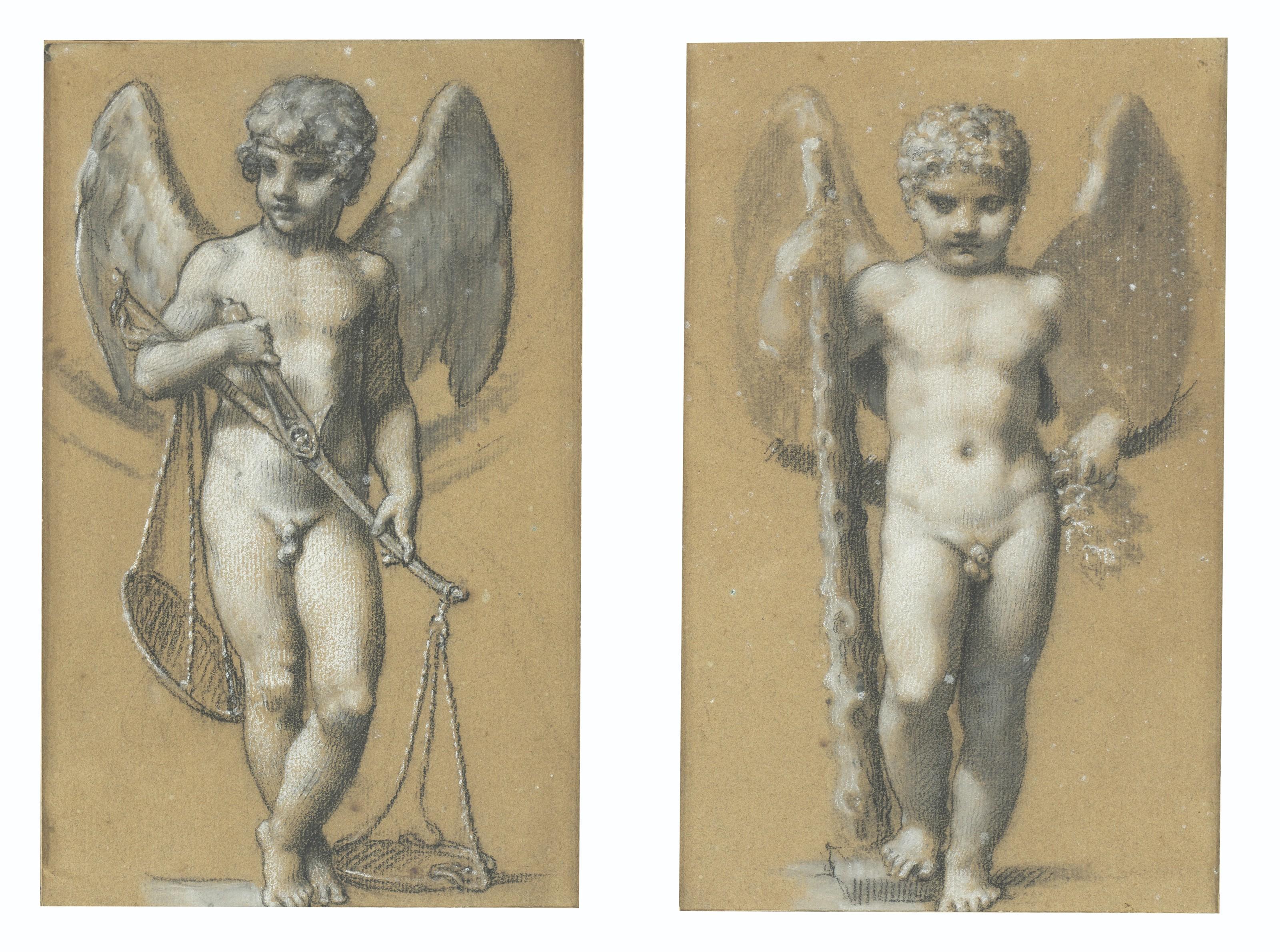 Pierre-Paul Prud\'Hon - Putto tenant une balance (La Justice) et putto tenant une massue (La Force)