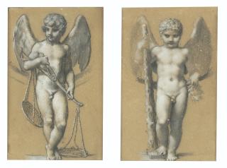 Pierre-Paul Prud\'Hon - Putto tenant une balance (La Justice) et putto tenant une massue (La Force)