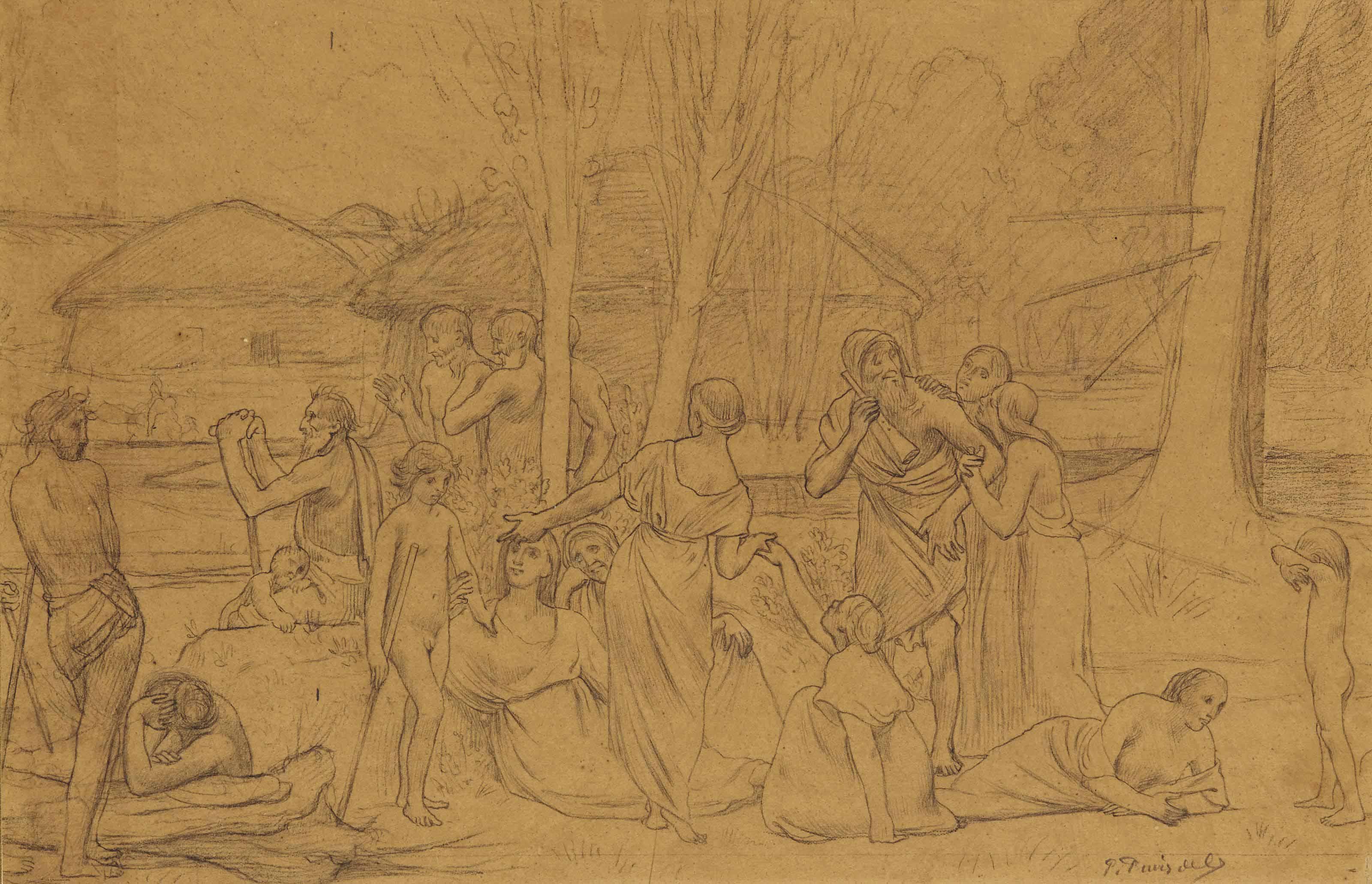 Pierre Puvis De Chavannes - Study for Ludus pro patria: A group of figures in classical costume gathered beside a river