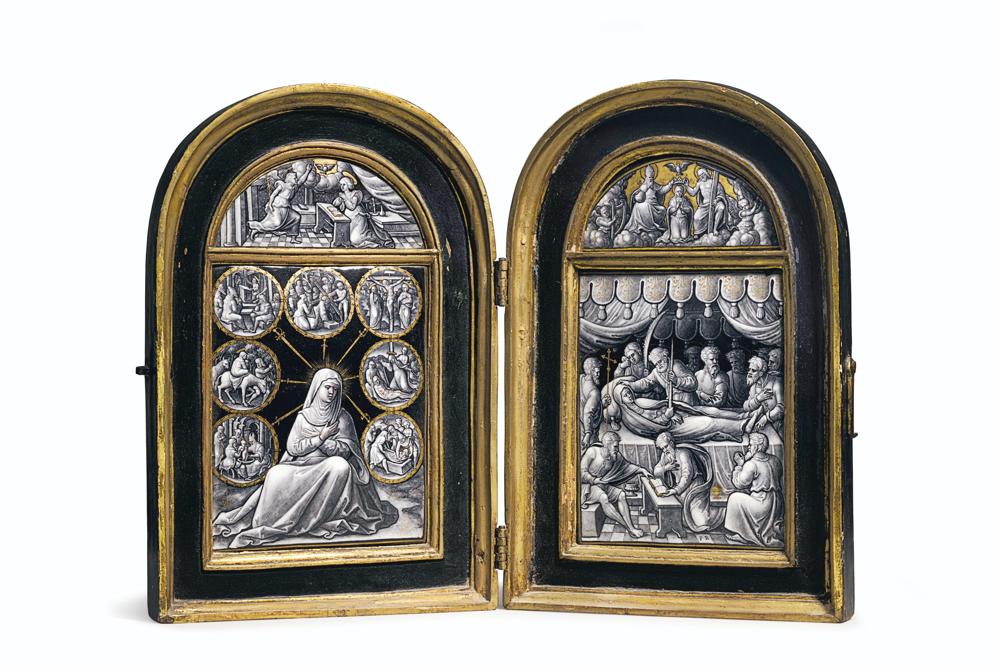 Pierre Reymond - A PARCEL-GILT GRISAILLE ENAMEL DIPTYCH OF THE SEVEN SORROWS OF THE VIRGIN AND THE DEATH OF THE VIRGIN
