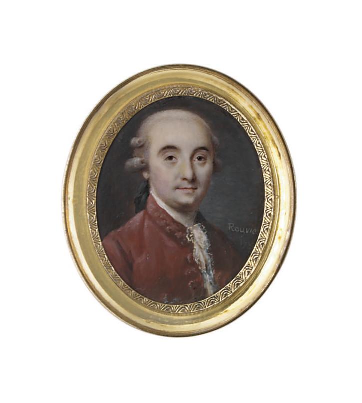 Pierre Rouvier - A gentleman, in russet velvet coat, white shirt and lace cravat, black bag wig, powdered wig en queue