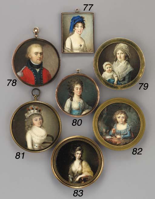 Pierre Rouvier - A lady, facing right in white dress with blue ribbon tied at corsage and matching wide sash, pearl bracelet, long powdered curling upswept hair