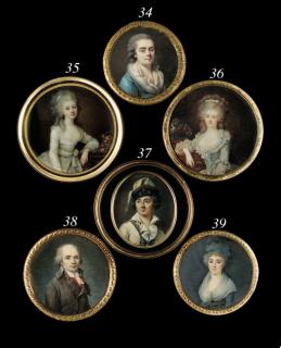 Pierre Rouvier - A young gentleman, facing right in fur-bordered sky blue silk day gown and open white shirt, powdered hair