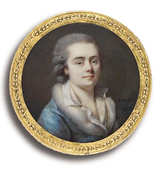 Pierre Rouvier - A Young Gentleman, In Fur-Bordered Sky-Blue Day Gown And Open White Shirt, Powdered Hair