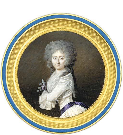 Pierre Rouvier - A Young Lady Holding A Pink Rose With Foliage, In Sprigged White Dress With Deep Lace Cuffs, Dark Blue Silk Sash, White Bordered Fichu Scarf Tied At Corsage, Long Powdered Curling Hair