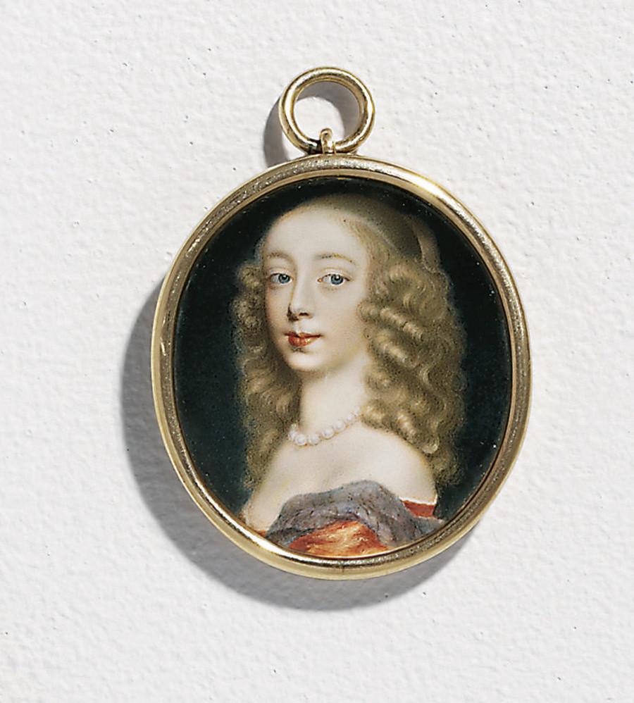 Pierre Signac - A young lady, in persimmon décolleté dress of satin edged with white linen shift, periwinkle-grey mantle over her left shoulder, pearl necklace, her light brown, curling hair upswept with tendrils