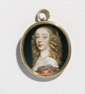 Pierre Signac - A young lady, in persimmon décolleté dress of satin edged with white linen shift, periwinkle-grey mantle over her left shoulder, pearl necklace, her light brown, curling hair upswept with tendrils