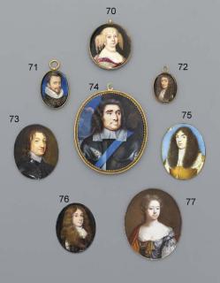 Pierre Signac - A Young Noblewoman With Curled Blonde Hair, In Purple Dress With Pearl-Bordered Clasp And Ochre Cloak, Wearing A Pearl Necklace And Matching Pearl Drop Earrings