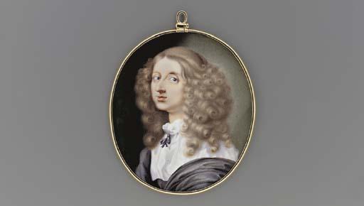 Pierre Signac - An important enamel miniature of Christina (1626-1689), Queen of Sweden 1632-1654, in white robes with black ribbon tied at neck, black cloak draped around her shoulders, her long light brown hair falling in curls