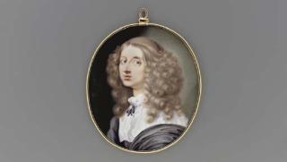 Pierre Signac - An important enamel miniature of Christina (1626-1689), Queen of Sweden 1632-1654, in white robes with black ribbon tied at neck, black cloak draped around her shoulders, her long light brown hair falling in curls