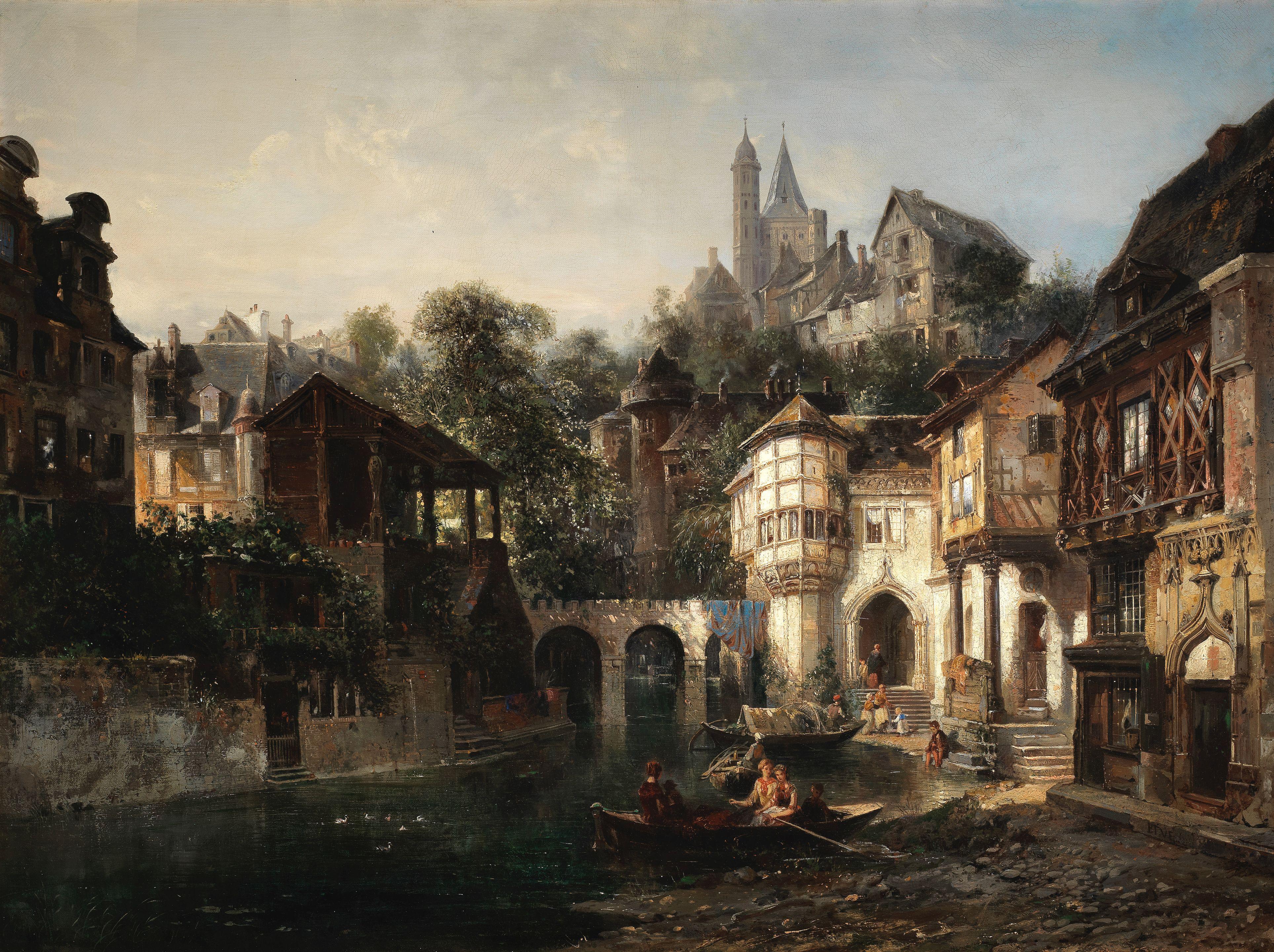 Pierre Tetar Van Elven - A Continental town with figures rowing on a river