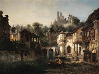 Pierre Tetar Van Elven - A continental town with figures rowing on a river