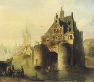 Pierre Tetar Van Elven - The Waterslootse poort with the Oude Kerk beyond, Delft