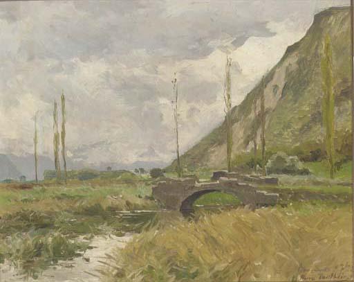 Pierre Vauthier - A River Landscape With A Stone Bridge And Hills Beyond