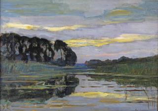 Piet Mondriaan - Farmstead on the Gein screened by tall trees with streaked sky