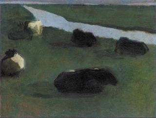 Piet Mondriaan - Polder landscape with irrigation ditch and five cows
