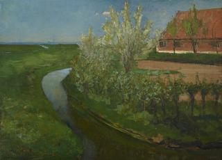 Piet Mondrian - Gebogen irrigatiegracht grenzend aan boerenerf met Bloeiende bomen (Curved Irrigation Ditch Bordering Farmyard with Flowering Trees)