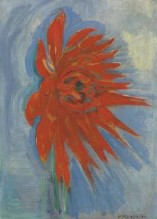 Piet Mondrian - Red Chrysanthemum on Blue Background